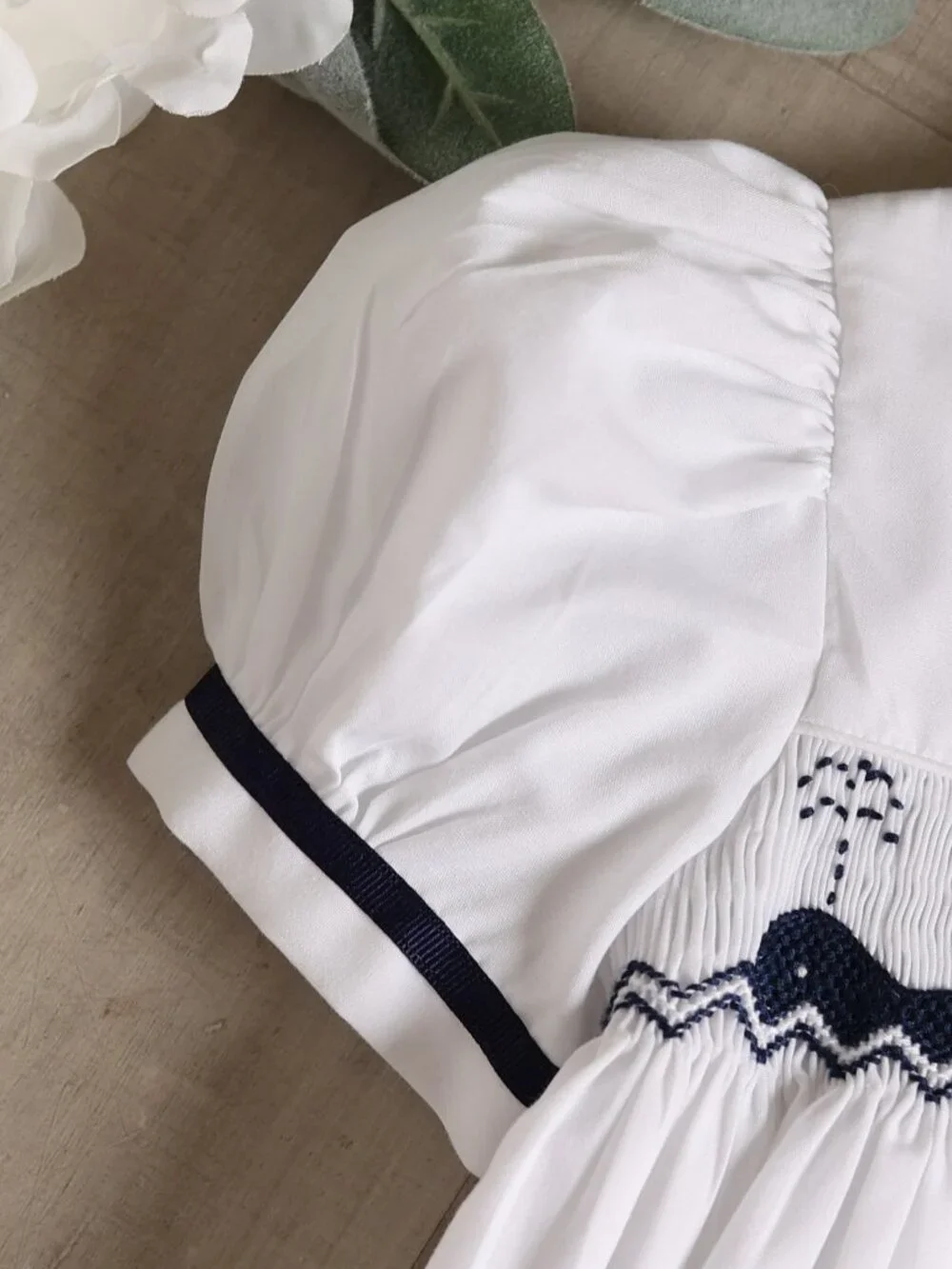 White Smocked Dress Navy Trim Nautical Sarah Louise 12 Months Vacation Cruise